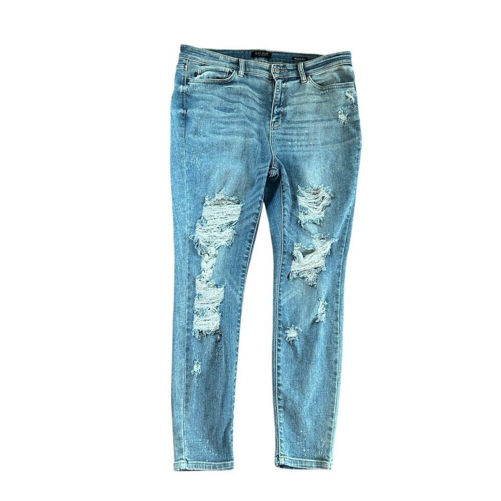 Judy Blue Women’s Distressed‎ Bleach Skinny Fit Medium Wash Jeans Sz 15/32